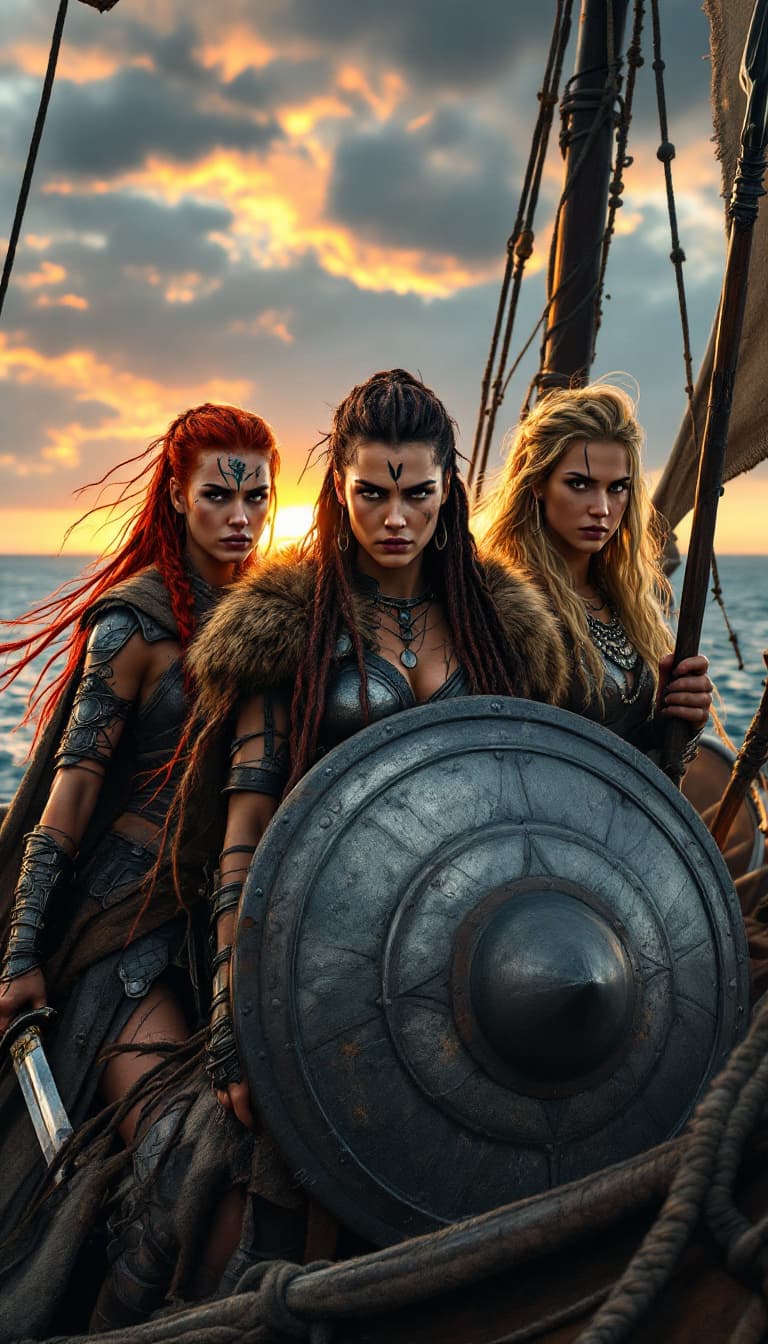 AI generated: Three fierce Viking warrior women aboard a Viking longship, each unique in appearance and armor; one...