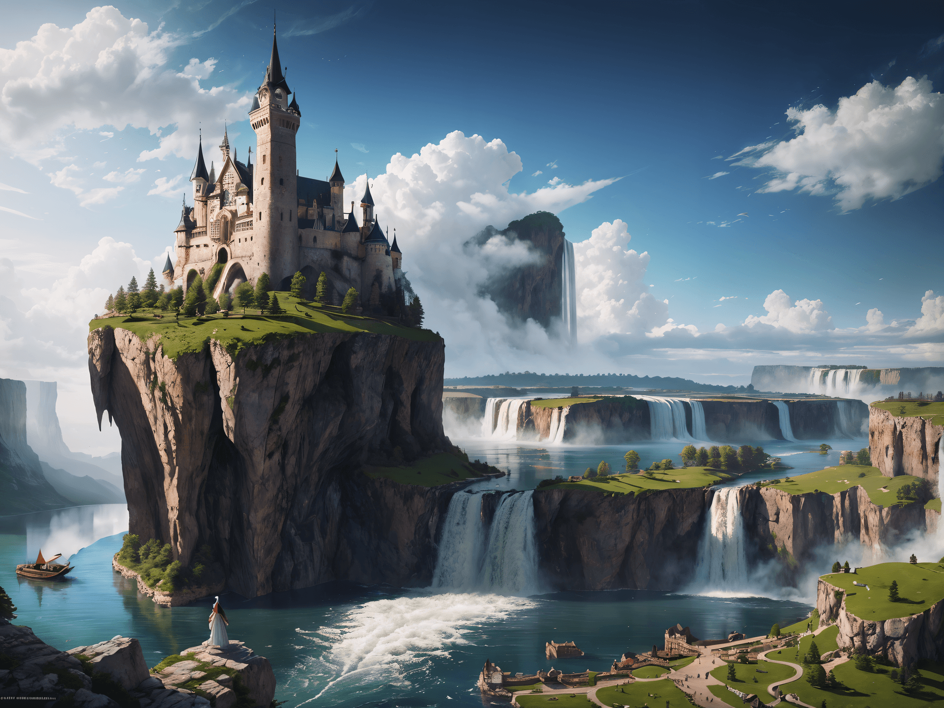 AI generated: style of John Blanche, massive medieval city on a lake on the edge of a huge waterfall, some frigate...