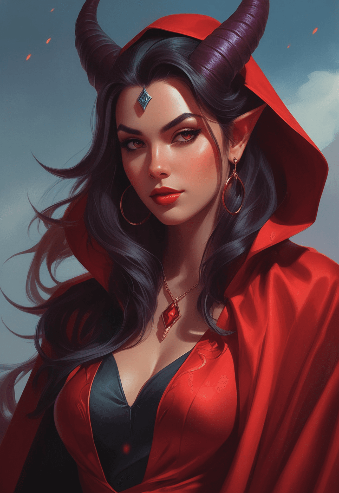 AI generated: Photo of a woman in red cape, tiefling, portrait of demon girl, tiefling female warlock, alena aenam...