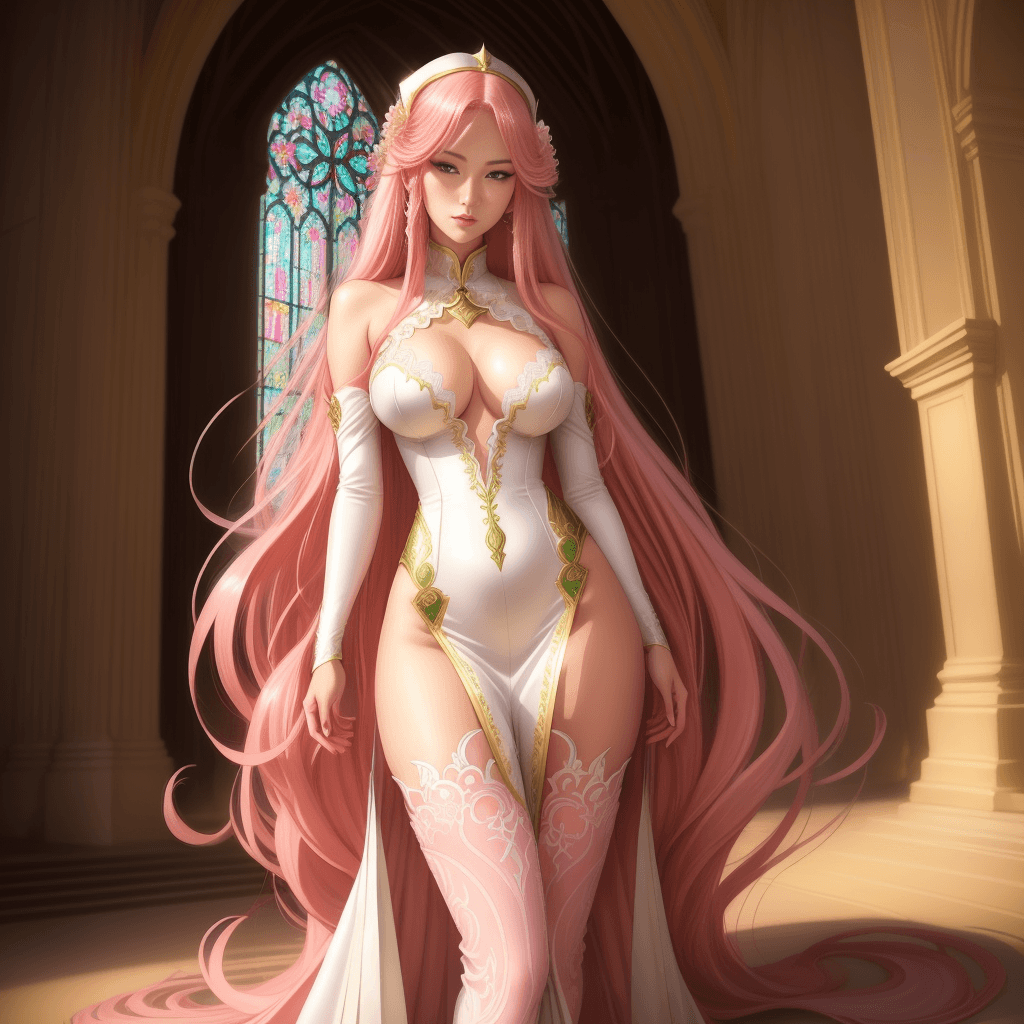 AI generated: dynamic and polished, yusuke murata, stunning illustration, sexy girl, long pink hair, alluring gree...