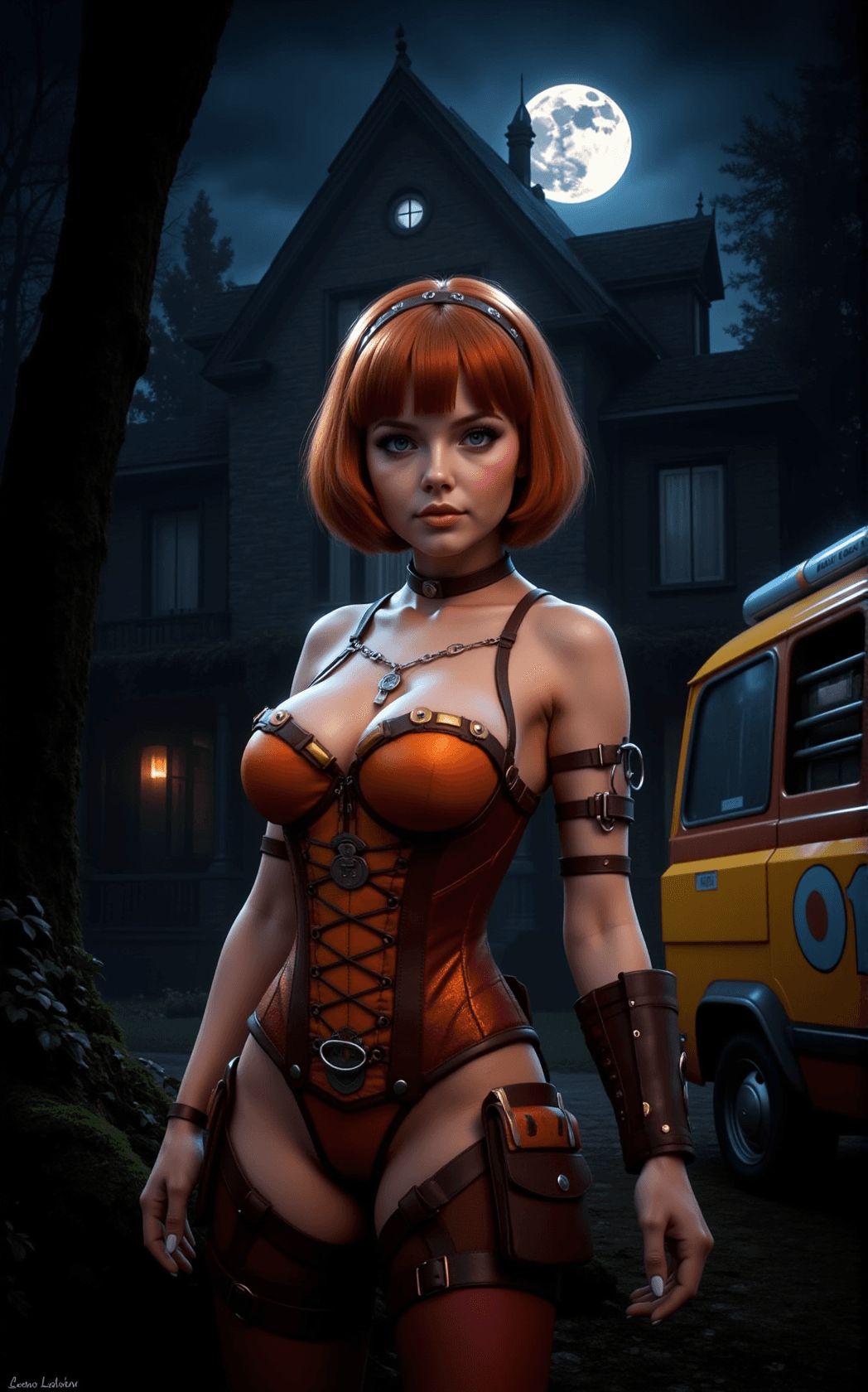 AI generated: Velma Dinkley is typically portrayed with short, bobbed orange or brown hair, often worn with a head...