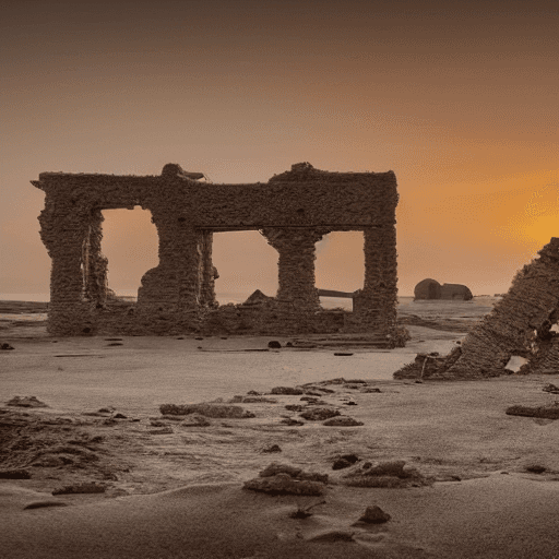 AI generated: a desolate wasteland with ruins dotted about a giant dried up seabed, with wanderers scavenging for ...