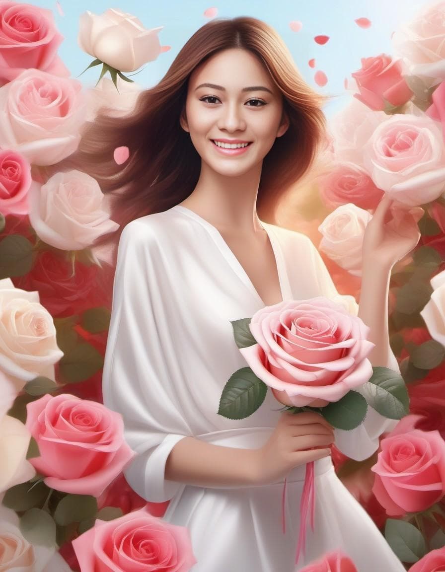 AI generated: a row of beautiful bouquet of redish, pink and white roses in the hands of smiling blonde woman, wom...