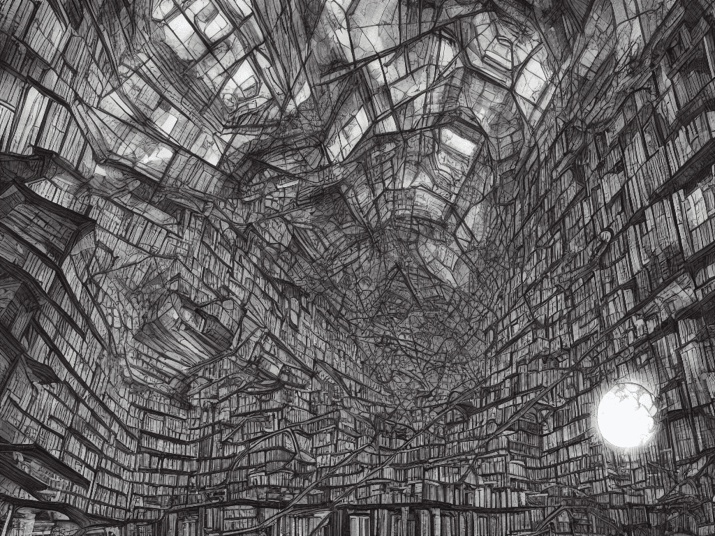 AI generated: staring up into the infinite celestial library, endless books, flying books, starry, sublime, cinema...