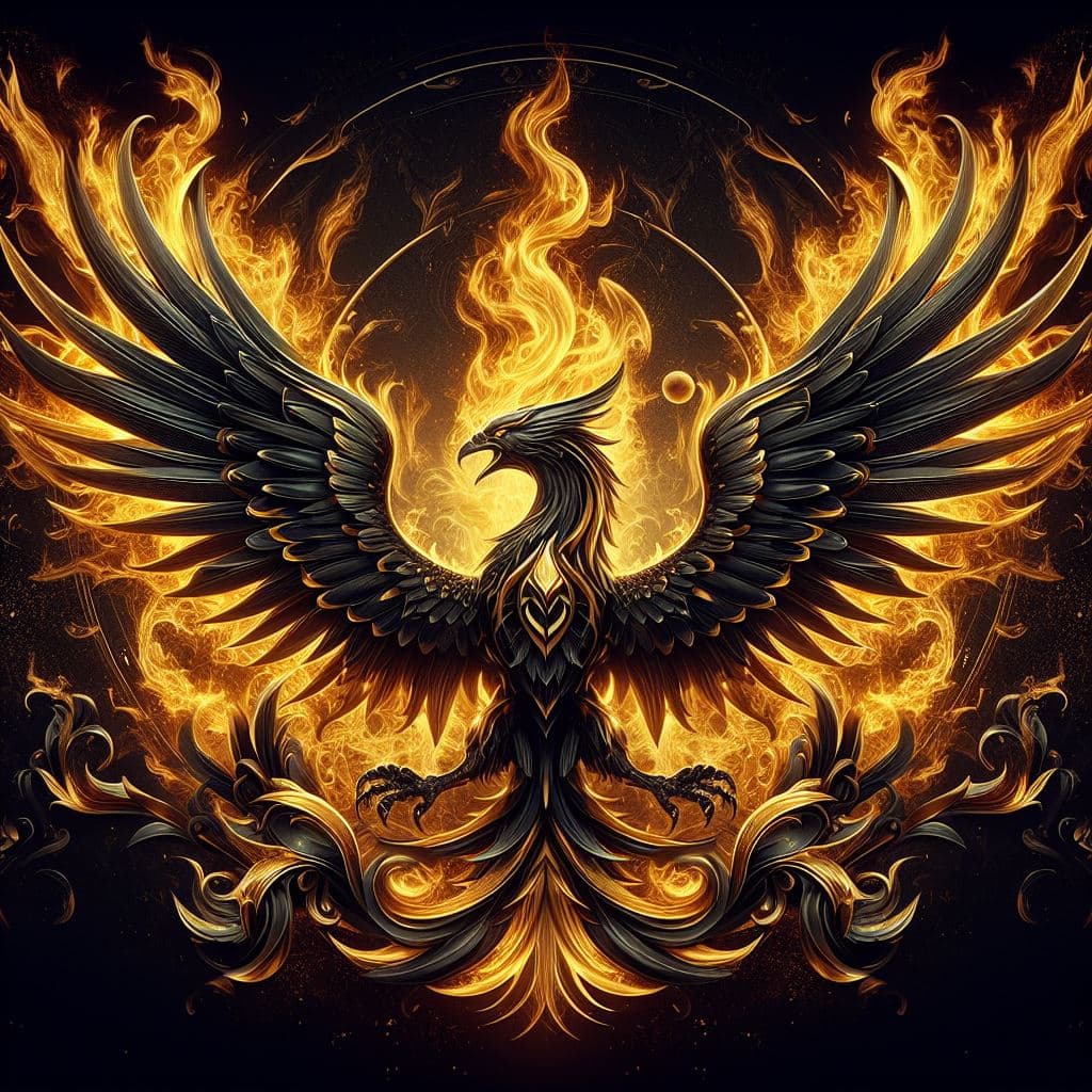 AI generated: Black and gold phoenix big flames with Burning wings