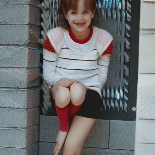 AI generated: (Girl ( ,freckles, braces, knees socks, cute, younger sister(small(younger sister))))taking brother'...