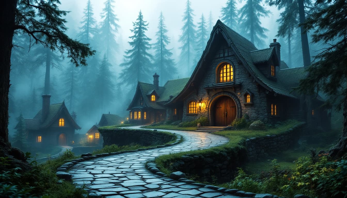 AI generated: This image depicts a fantasy village in the woods, with a winding stone path leading to a large hous...