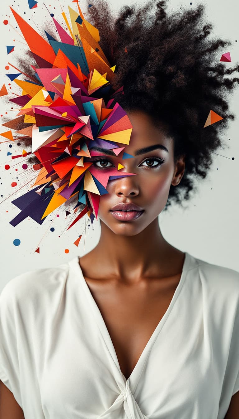 AI generated: A dynamic, waist-up portrait of a woman, her face partially obscured by a chaotic explosion of vibra...