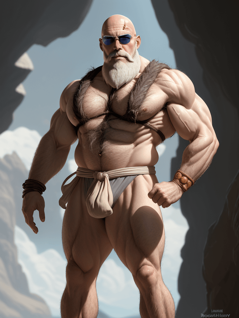 AI generated: Master Roshi, caucasian complexion, big muscles and big thighs, bald, gray beard, short height, elde...