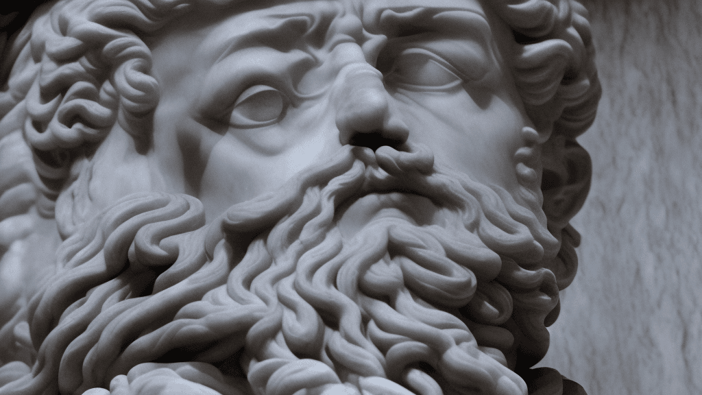 AI generated: In dark hues, a half-length marble sculpture of Marcus Aurelius, his face calm and introspective, st...