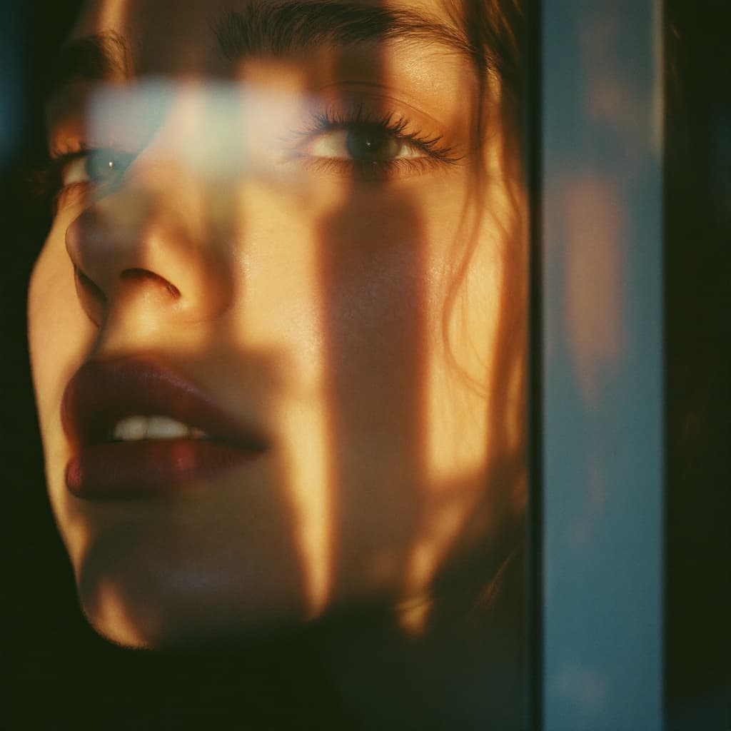 AI generated: Close-up portrait of a woman, her face lit by the soft glow from outside the window, her eyes reflec...