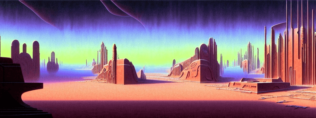 AI generated: a 3d detailed painting inspired by moebius of a wet foggy futuristic desert town. inspired by techno...