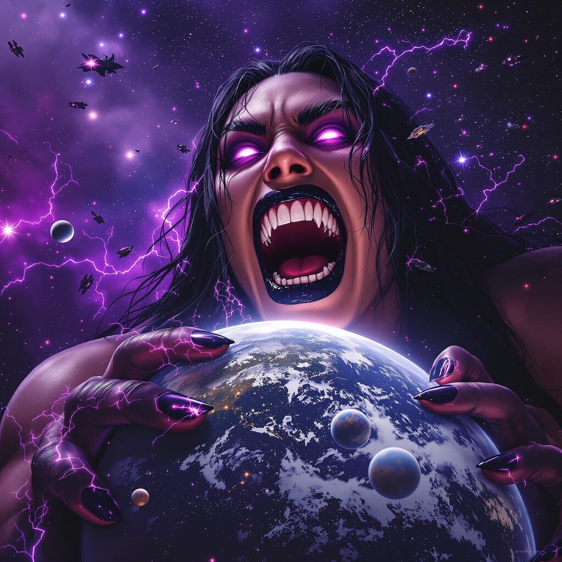 AI generated: enormous giantess Rhea Ripley  from WWE
bigger than a galaxy floating in space, minuscule planets in...