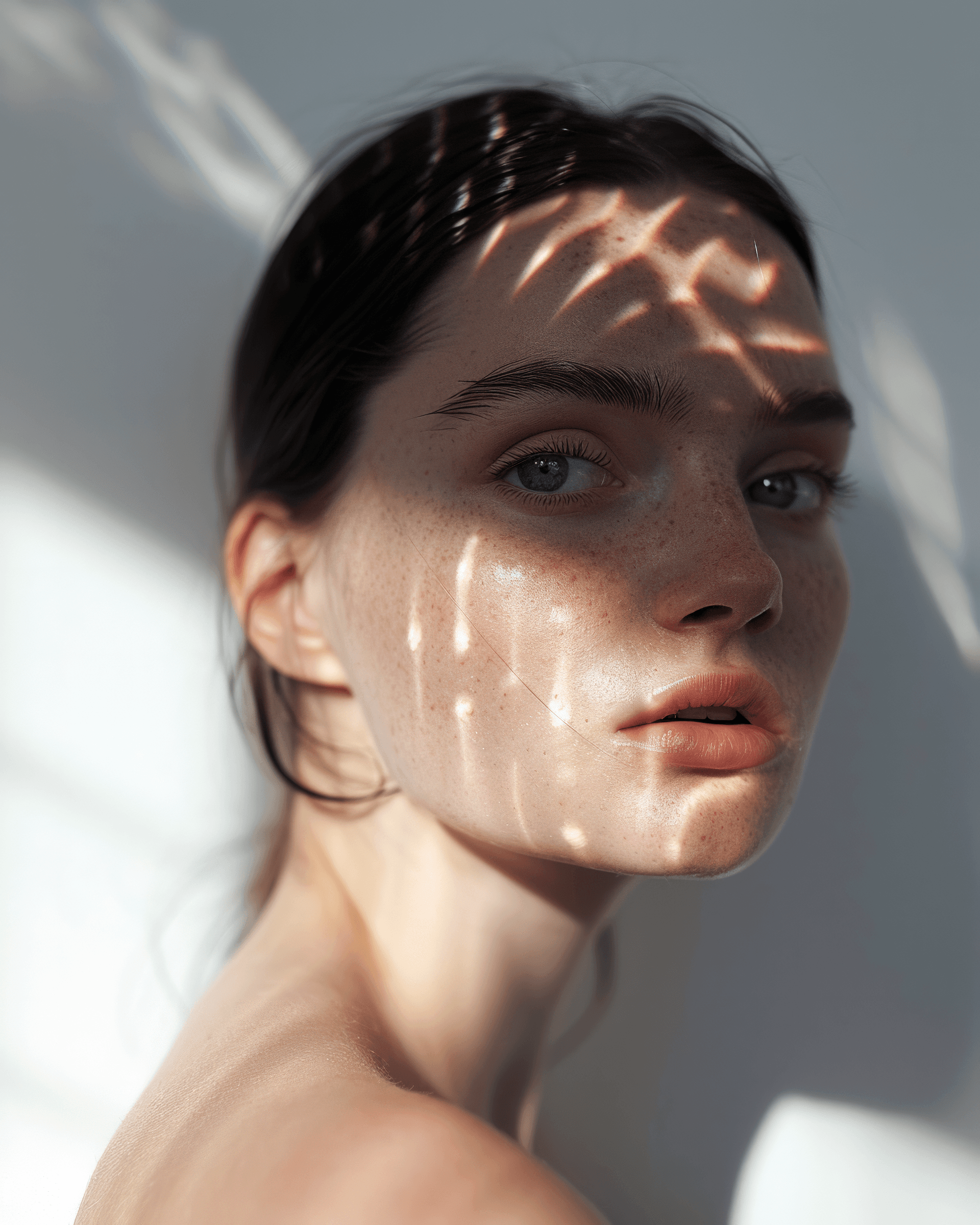 AI generated: Photograph of a female model, white background,flare all over her face, invisible --ar 4:5 --s 50 --...