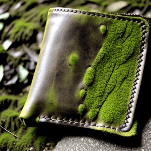 AI generated: The inside of an abandoned wet leather wallet on a mossy pavement. Style: goth
