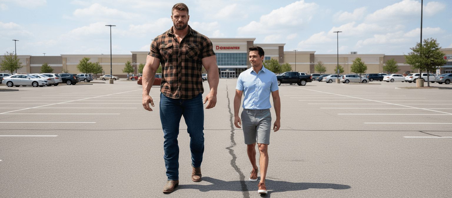 AI generated: the bodybuilder is 6'4" tall, he has huge muscular shoulders and extra huge muscular legs. He is wea...