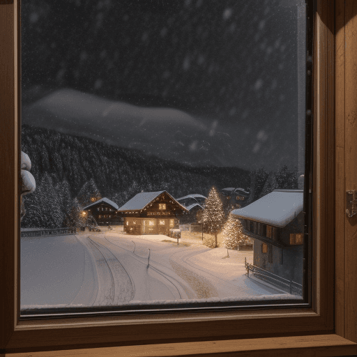 AI generated: landscape, Swiss town at night, falling snow, in the background, a pine forest, inside a brown Cane ...