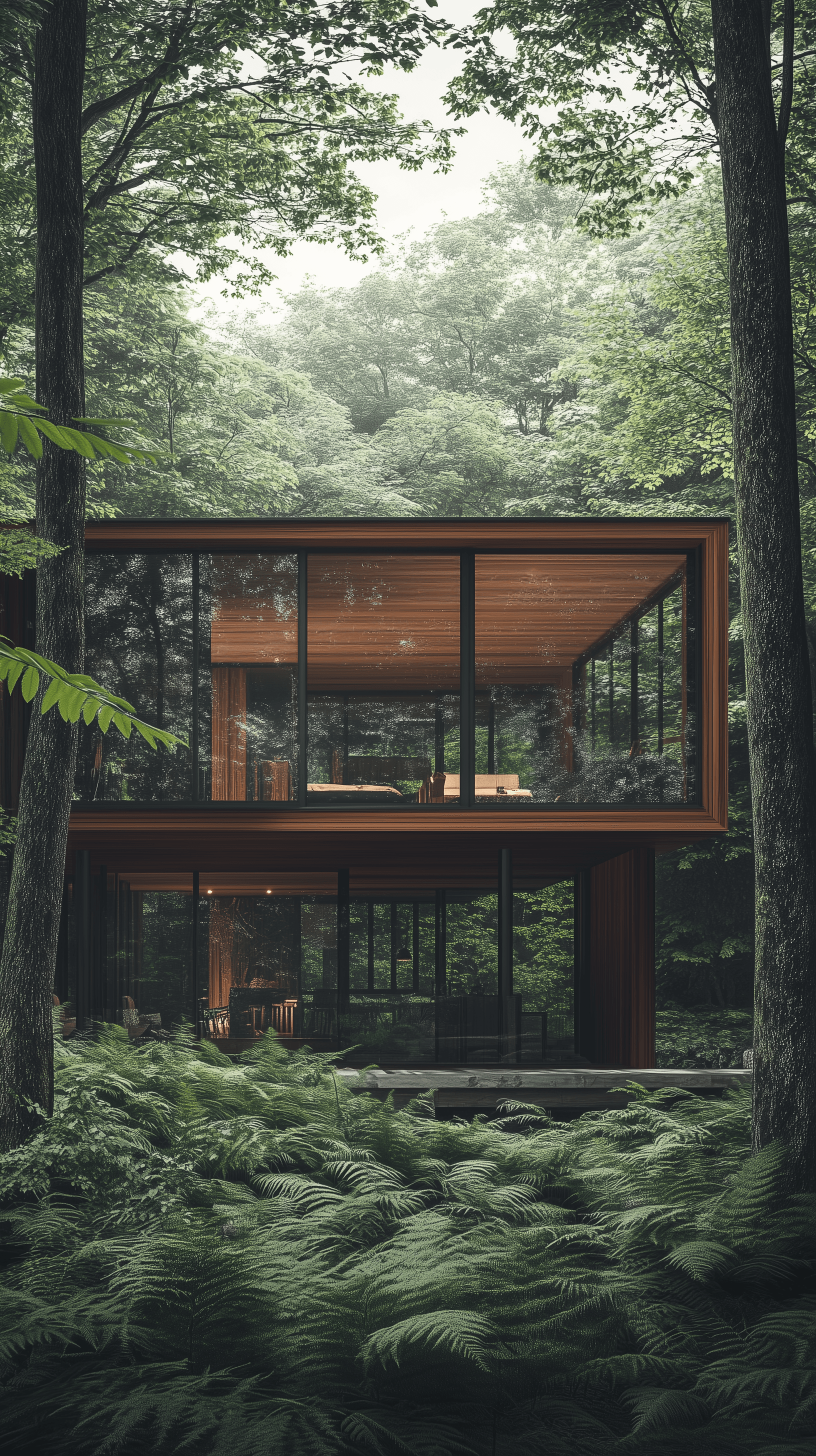 AI generated: architectural photography, wide shot of a modern house embedded in a natural forest environment, hig...