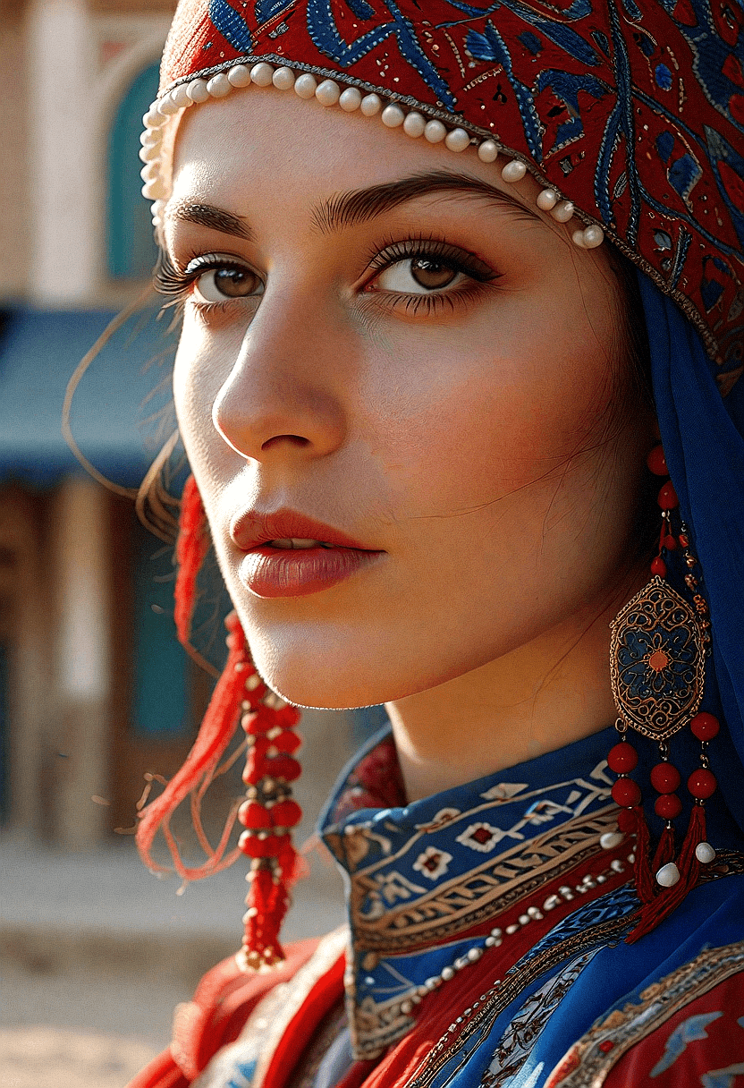 AI generated: An image of Bosnian girl, dressed in Fez with bayadere patterns, outdoor settings, surreal self-port...
