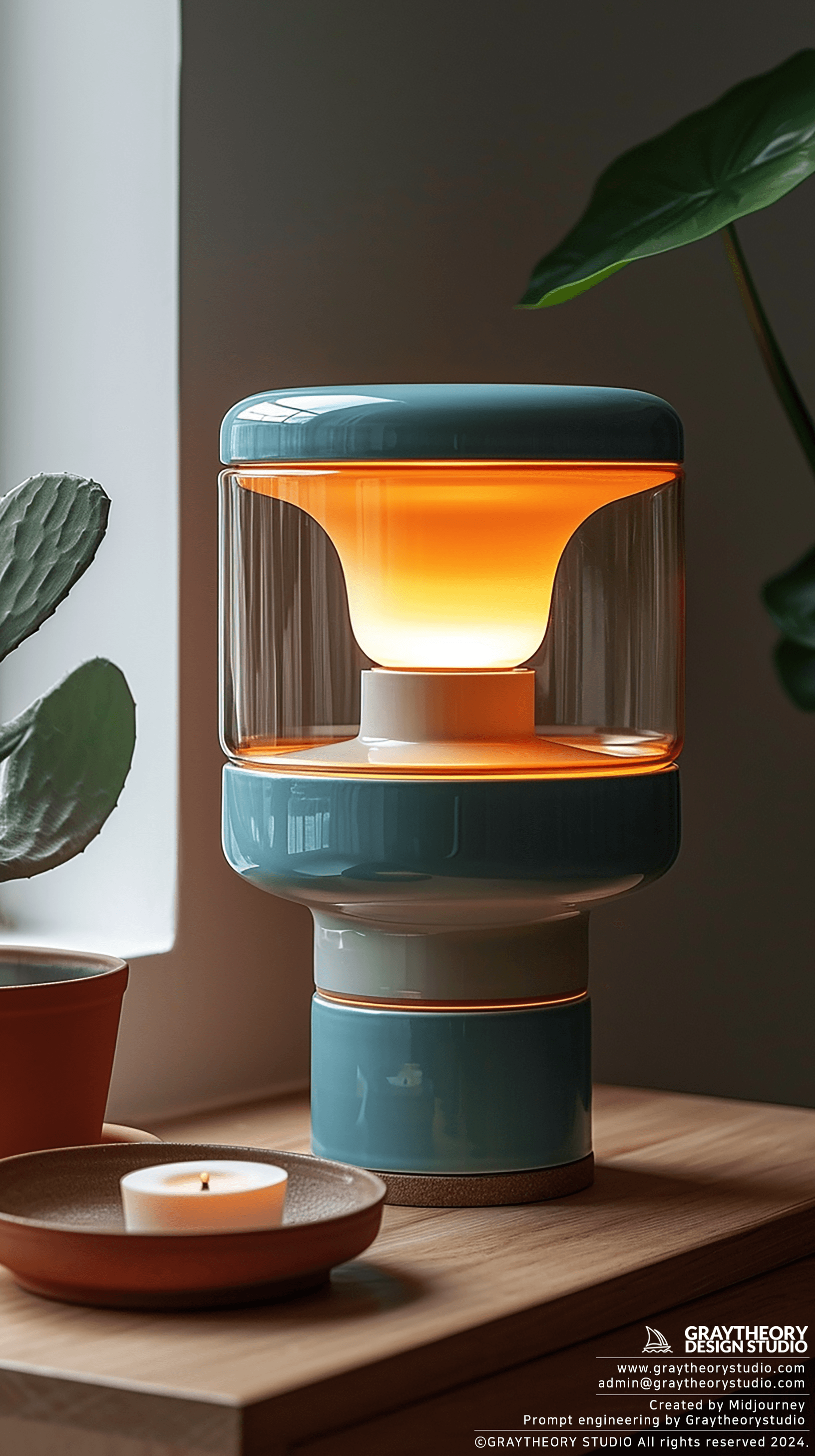 AI generated: photogrpahy, front shot, contemporary table lamp, eggshell blue color, Nikon Z7 II, NIKKOR Z 50mm f/...