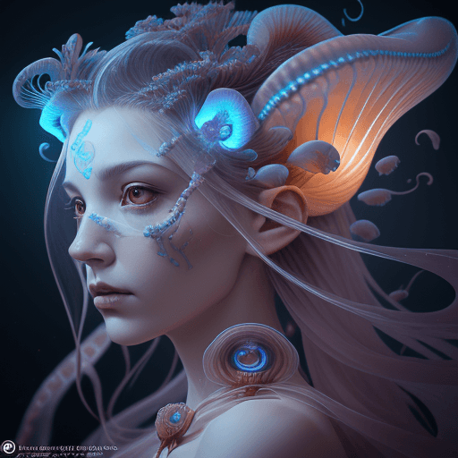 AI generated: Goddess close-up portrait ribcagel. jellyfish phoenix head, nautilus, orchid, skull, betta fish, bio...