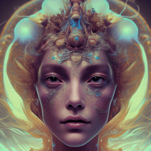AI generated: Goddess close-up portrait ribcagel. jellyfish phoenix head, nautilus, orchid, skull, betta fish, bio...