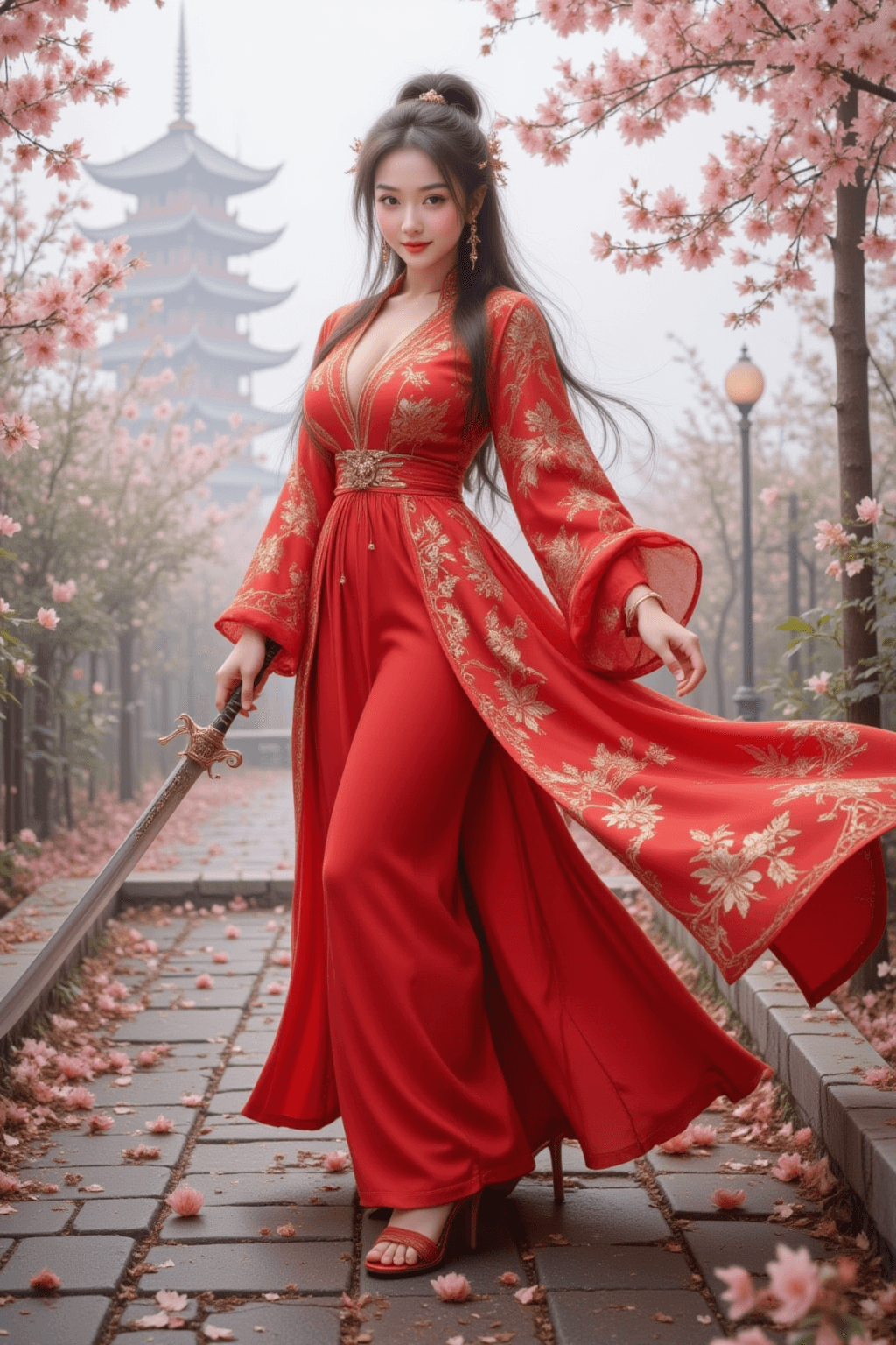 AI generated: This is a realistic photo of a young Asian woman with an ethereal and regal aura. She stands confide...