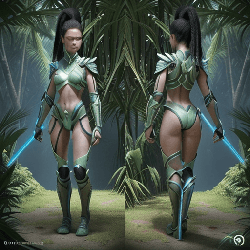 AI generated: Create a 3D model reference sheet of a young adult warrior girl living in a lush, futuristic jungle ...