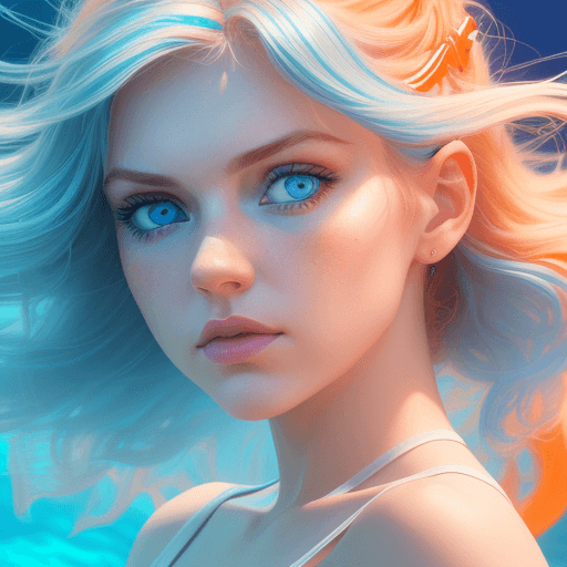 AI generated: a blue eyed woman with brouwn hair, in the style of cinematic lighting, light orange and white, , re...
