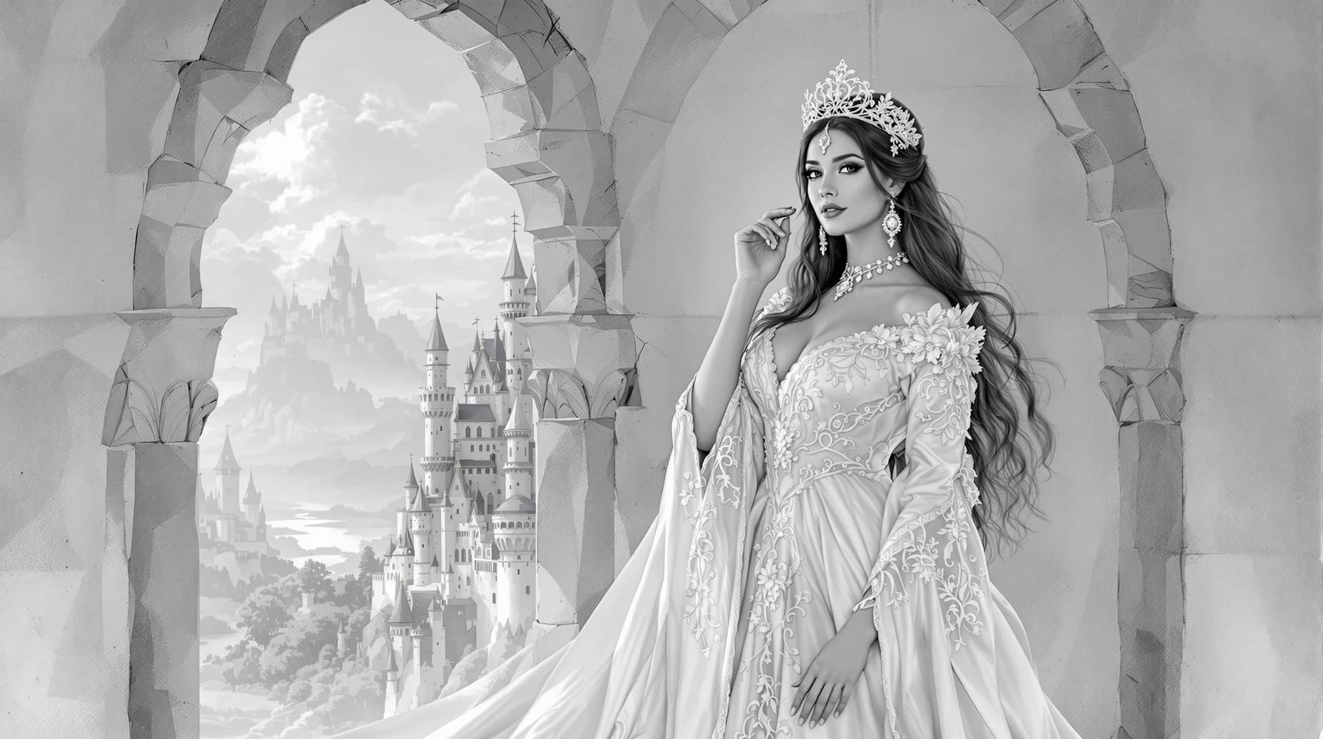 AI generated: A regal figure stands poised within a stone archway, her expression conveying a blend of strength an...