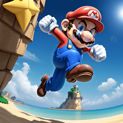 AI generated: Mario from Super mario, jumping, beach background, 4k resolution, low angle, realistic 