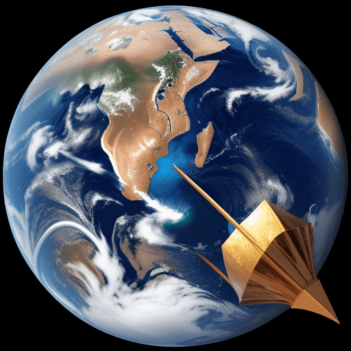 AI generated: Earth split into two parts by spear thrown by a gaint who has head of blad man with huge horns 