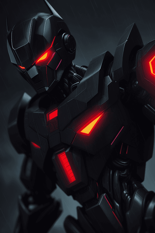 AI generated: mj, comic drawing of a dangerous black robot with red glowing eyes, transformers vibe, futuristic, c...