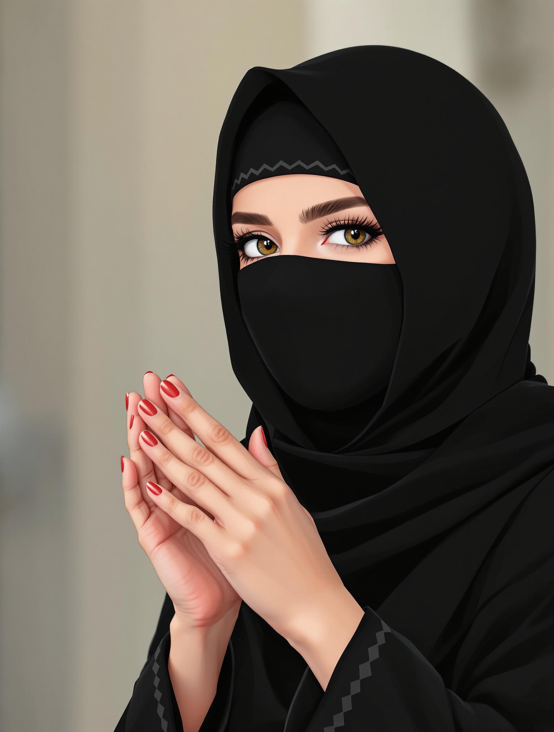 AI generated: anime realistic, wearing a black hijab with the covering face like a Arabian woman in black clothes