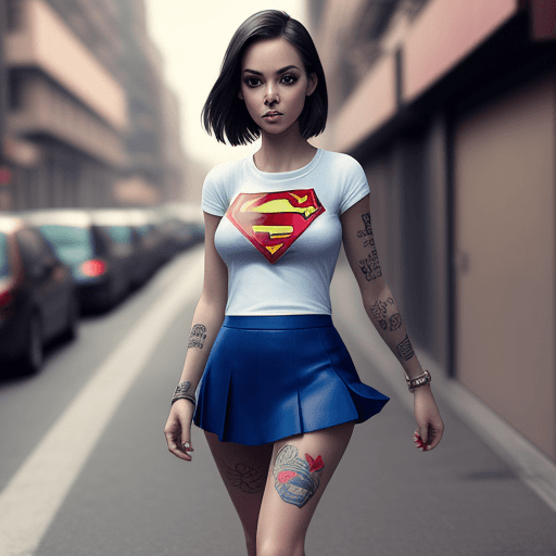 AI generated: super girl, short skirt, walking the street, tattoo, perfect body, not explicit

