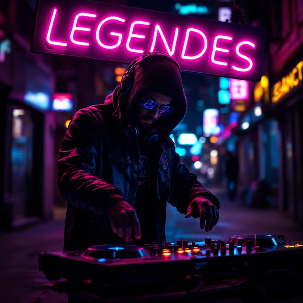 AI generated: Man DJ Holding a "LEGENDES" neon sign, night street, cyberpunk