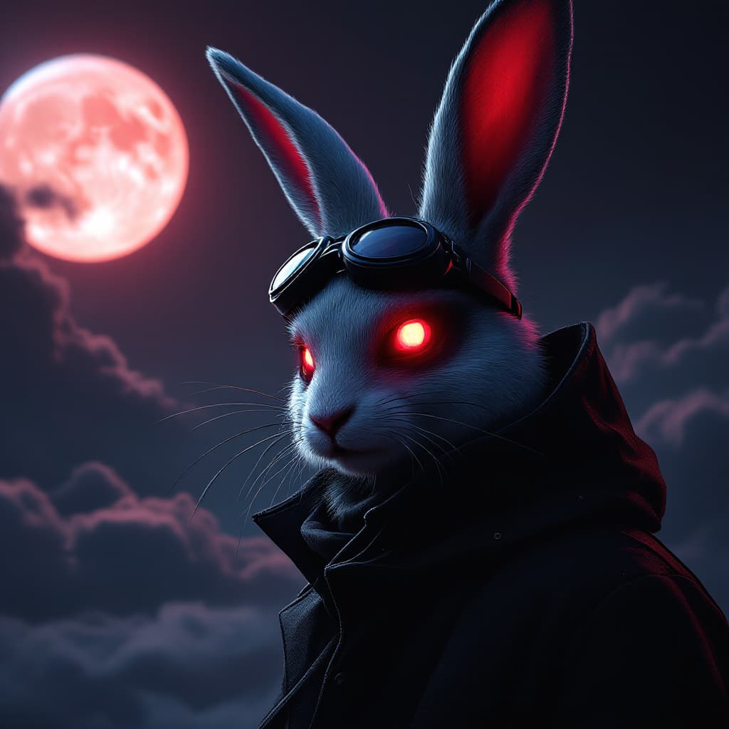 AI generated: an anthropomorphic rabbit with red eyes anda black mask, in the style of hyper-realistic portraiture...