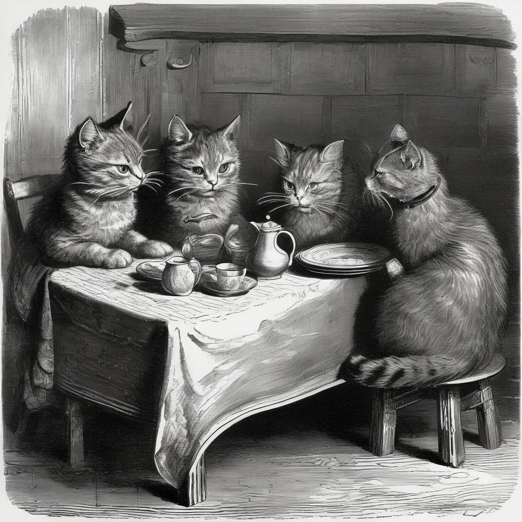 AI generated: "Cat's Table", A cartoon in the style of John Tenniel, Punch magazine, 1890