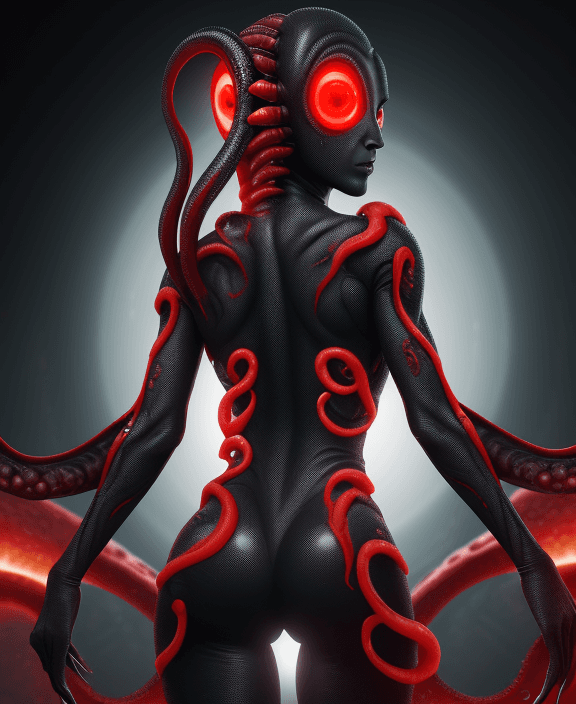 AI generated: Photo of a female alien Superman with multiple eyes and back tentacles, black and red spots in skin,...