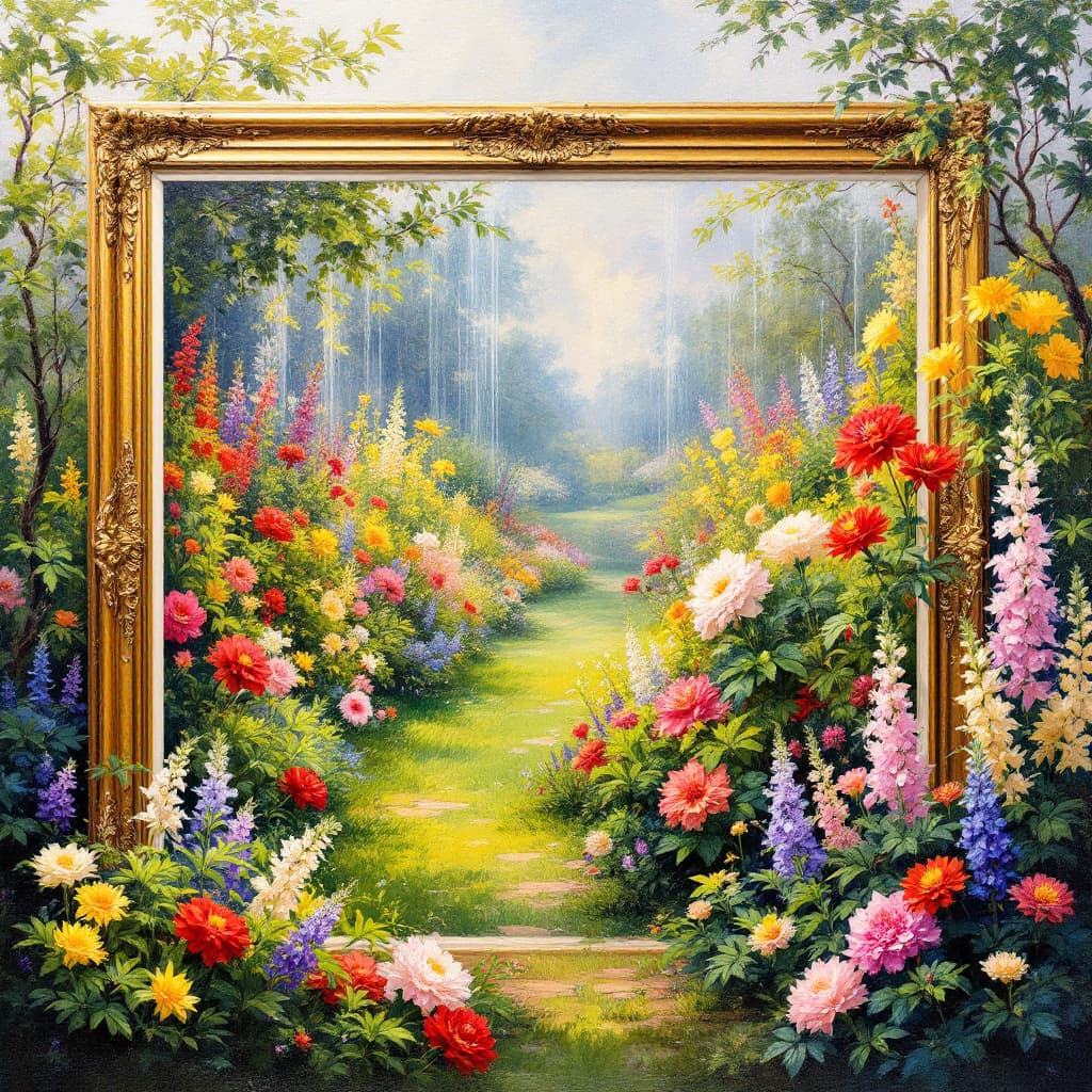 AI generated: A highly detailed oil painting with a gilded frame, capturing the essence of April showers in a lush...