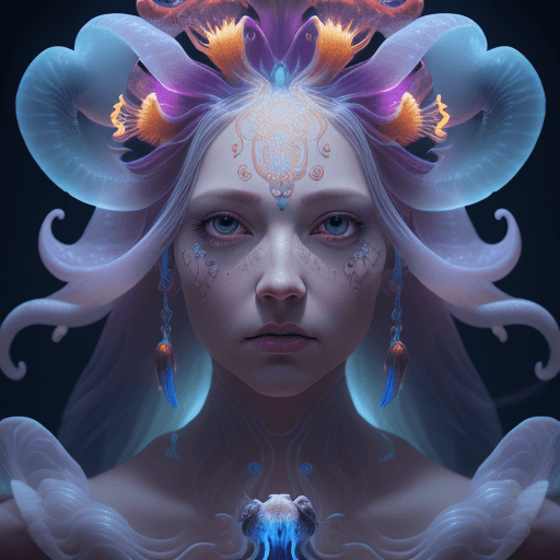 AI generated: Goddess close-up portrait ribcagel. jellyfish phoenix head, nautilus, orchid, skull, betta fish, bio...