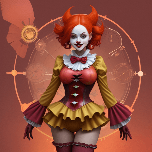 AI generated:  a woman dressed as a clown with red hair, in the style of magical girl, colorful moebius, light yel...