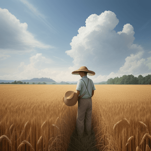 AI generated: Wheat field, a farmer uncle with a straw hat standing in a wheat field, big clouds, blue sky, rice f...