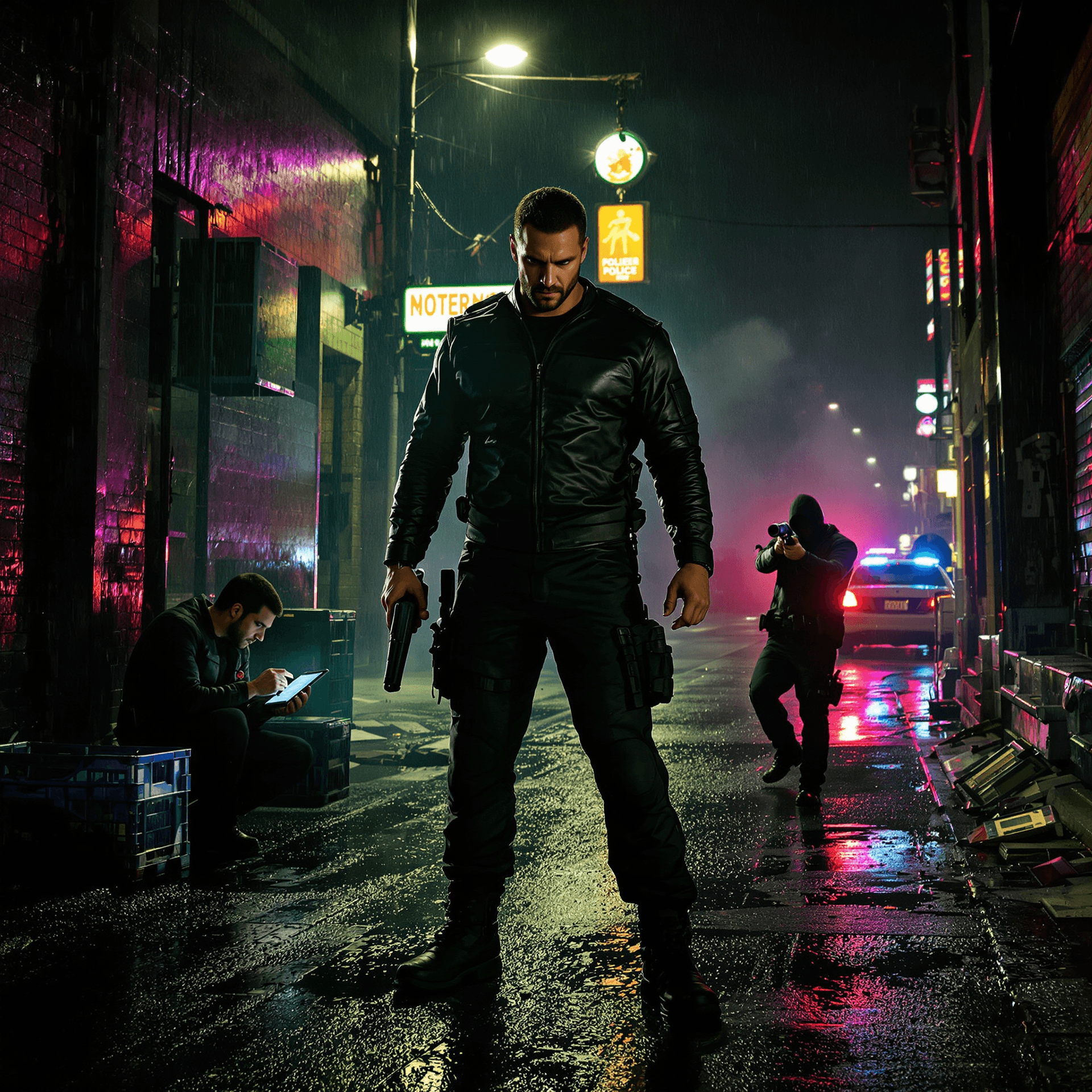 AI generated: A high-stakes action scene set in a gritty urban alleyway at night, illuminated by the harsh glow of...