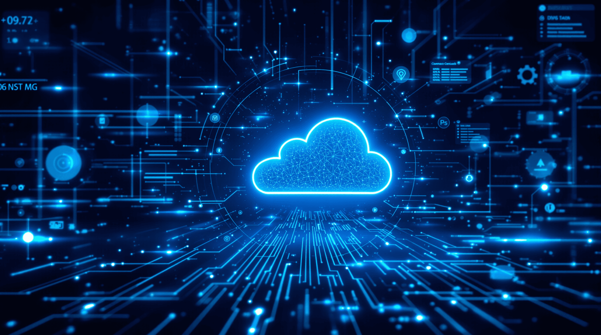 AI generated: A futuristic digital illustration of a cloud computing interface, featuring a large, glowing blue cl...