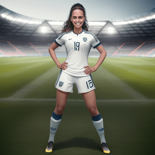 AI generated: professional sports athletic woman dressed as soccer player, soccer ball, smiling, football pitch in...