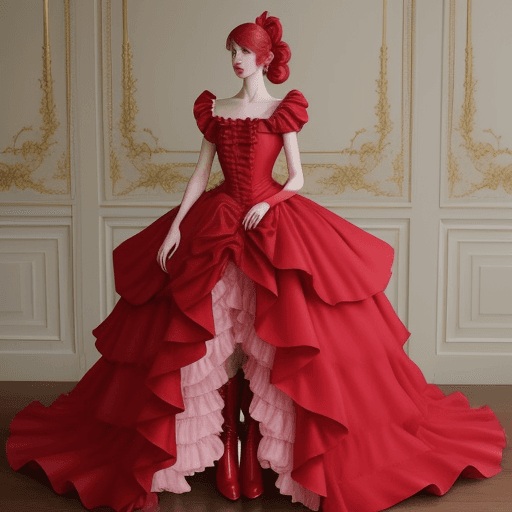 AI generated: old money aesthetic, red haute couture ruffled dress, pink haute couture, very tall red tigh boots :...