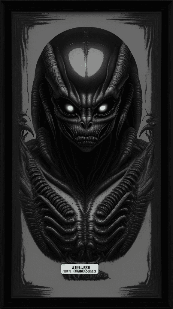 AI generated: ultraHD "Eerie-inducing Xenomorph RFKTR-style headshot framed(Alien Card):1.1 featuring H.R. Giger's...