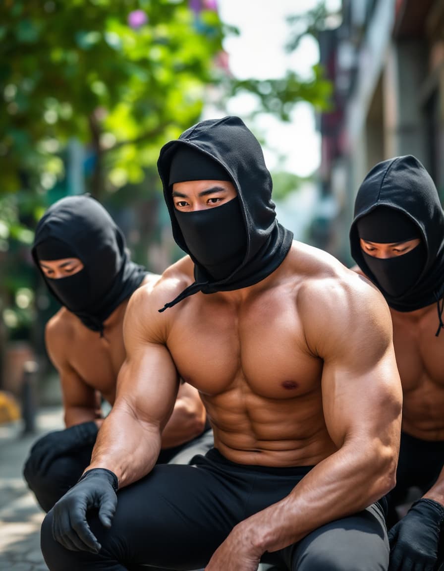 AI generated: Three muscular male Asian Chinese wear tight compression jammers arrested by policemen in day time. ...