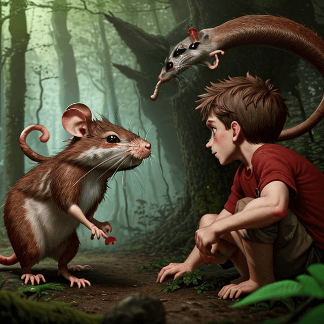AI generated:  a young prehistoric boy meets a red   rat in  a prehistoric forest, side  view, 8k